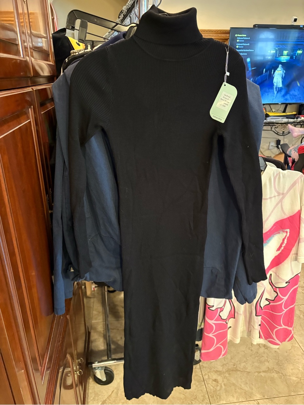 Black Turtleneck Ribbed Knit Sweater Dress - Unbranded